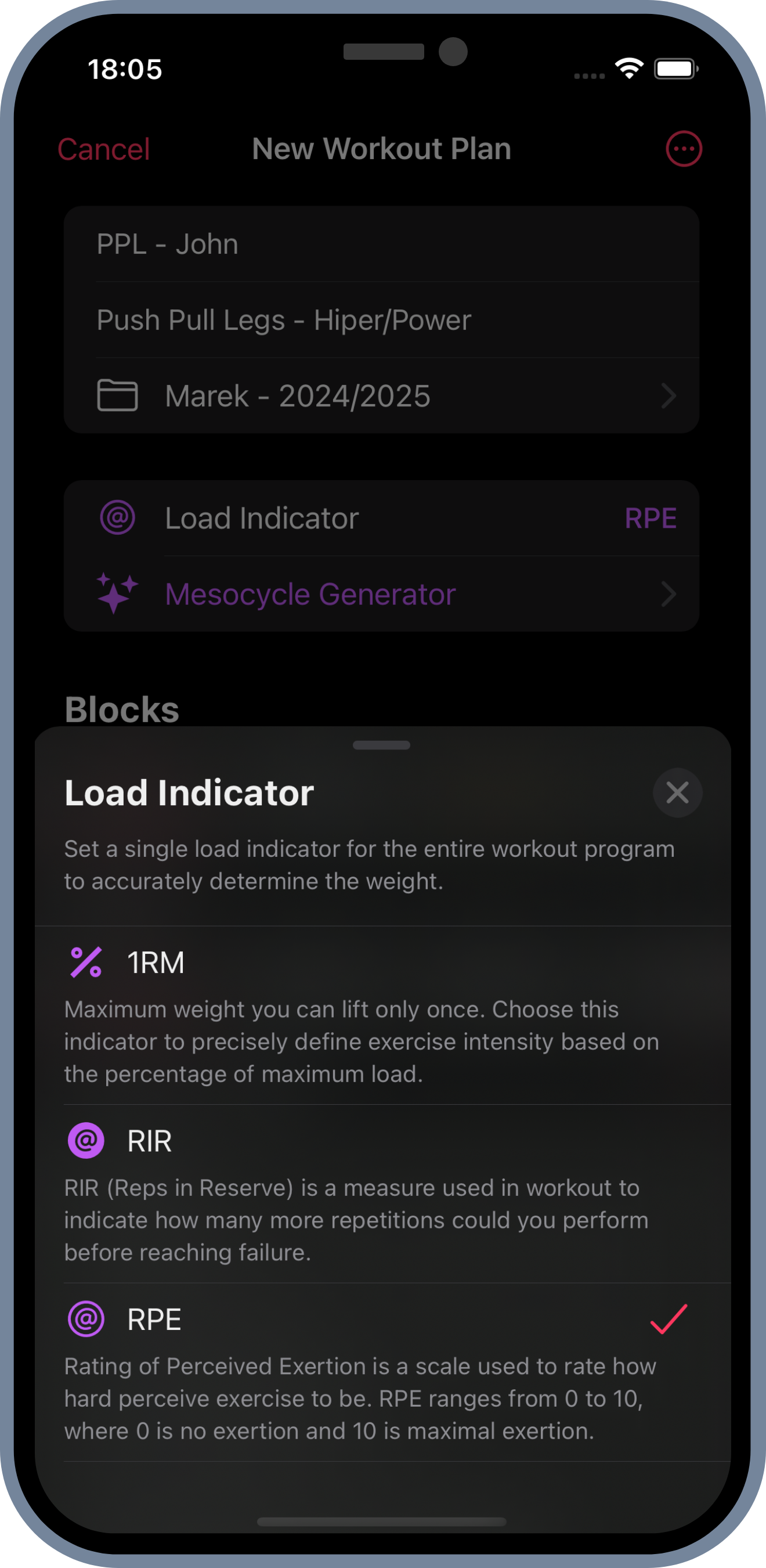 workout plan load indicator