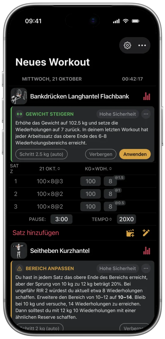 Ein Progressionsvorschlag in der App: Gewicht und Wiederholungen für das nächste Workout