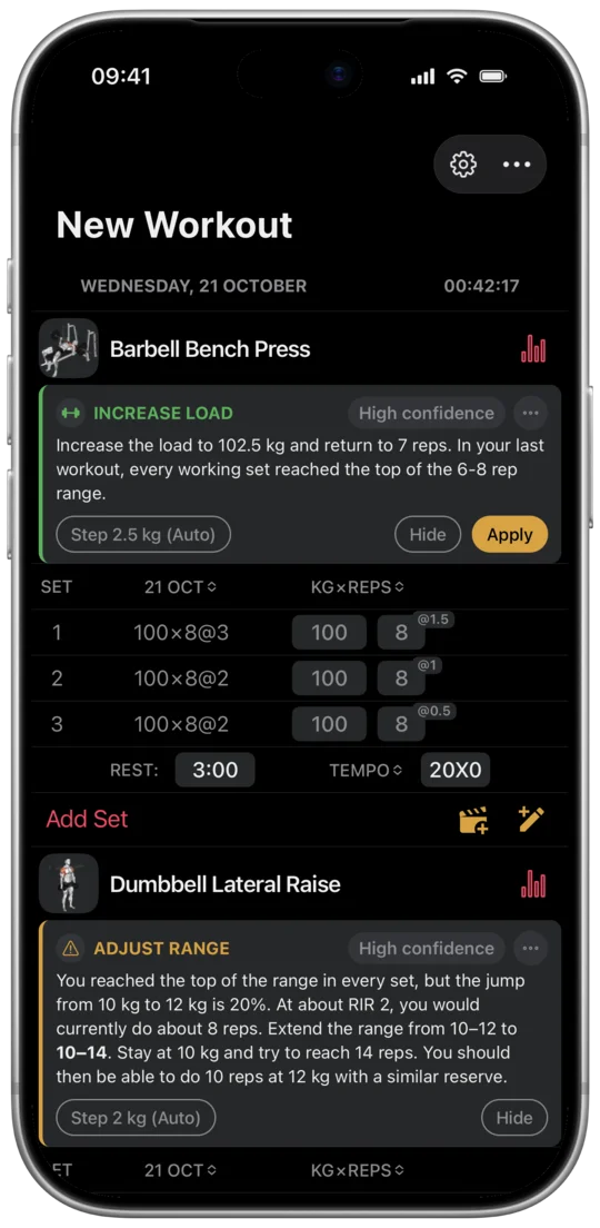A progression suggestion in the app: weight and reps for the next workout