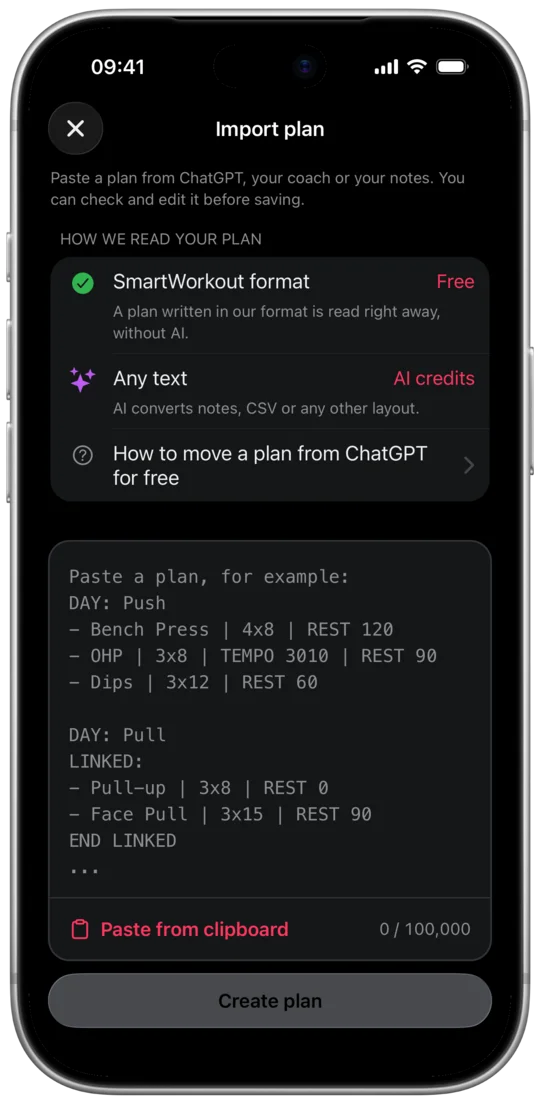 Plan preview after pasting text, with the workout day and the sets of each exercise