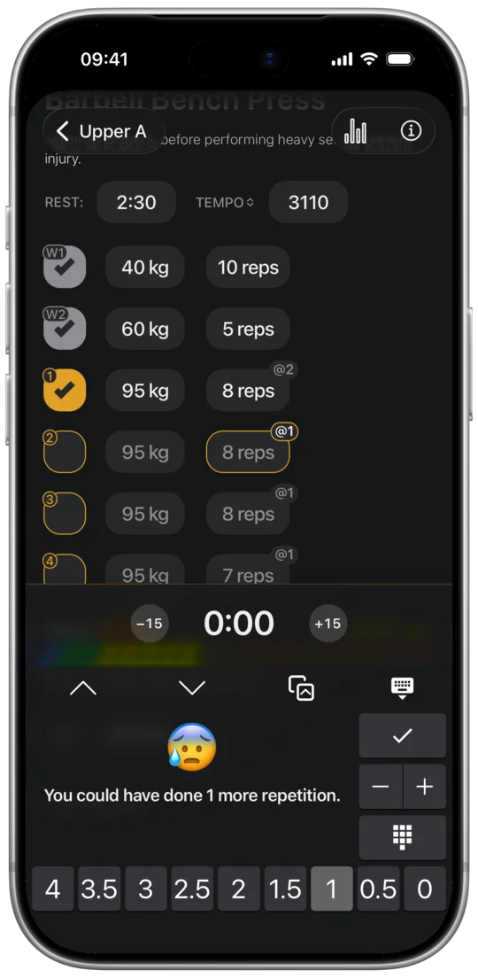 RIR keyboard in the workout log with RIR 1 picked for a bench press set
