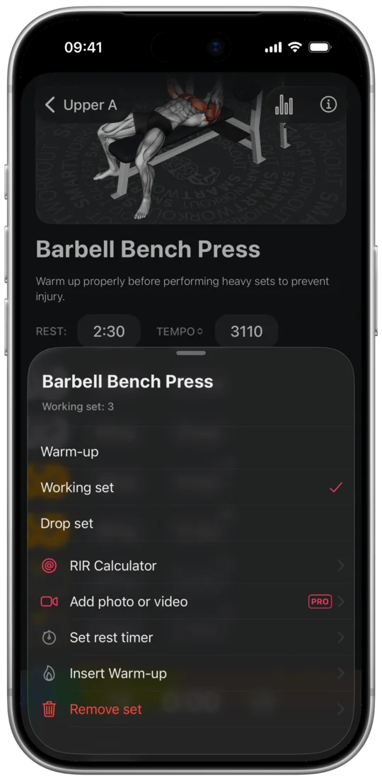 Set options in the workout log: warm-up, working set, drop set, RIR calculator and rest timer