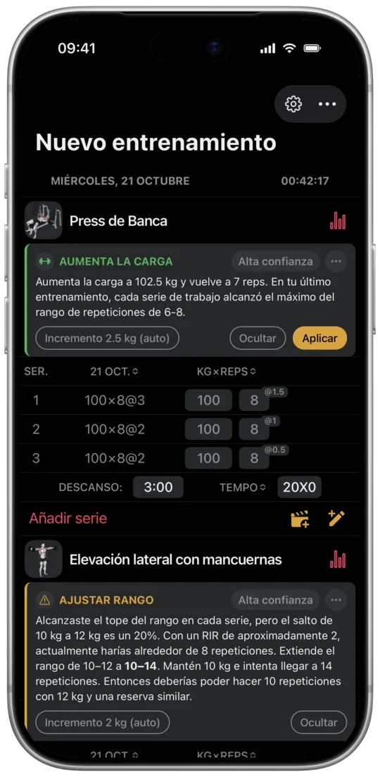 Una sugerencia de progresión en la app: peso y repeticiones para el próximo entrenamiento