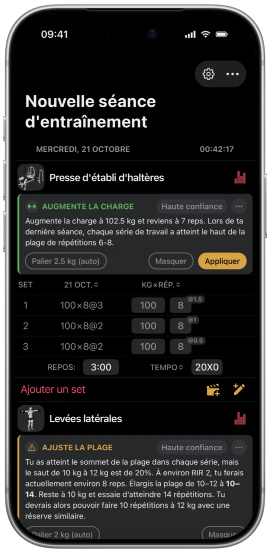 Une suggestion de progression dans l’application : charge et répétitions pour la prochaine séance