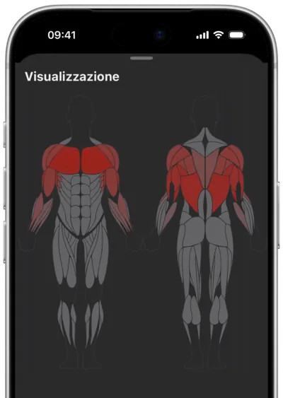 Riepilogo dell'allenamento in SmartWorkout con la mappa dei muscoli allenati