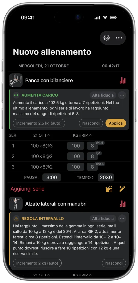 Un suggerimento di progressione nell'app: carico e ripetizioni per il prossimo allenamento