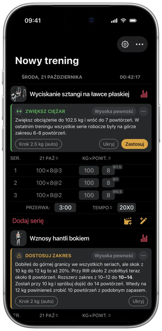 Sugestia progresji w aplikacji: ciężar i powtórzenia na kolejny trening