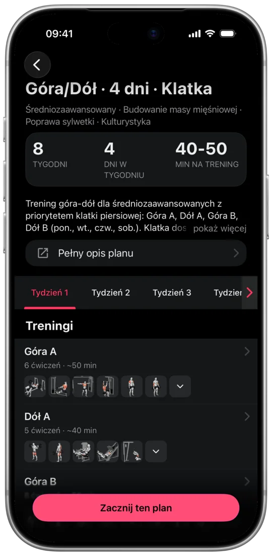 Kreator planu z blokami jako zakładkami i tygodniami w bloku