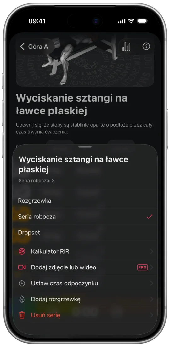 Opcje serii w dzienniku treningu: rozgrzewka, seria robocza, dropset, kalkulator RIR i czas odpoczynku