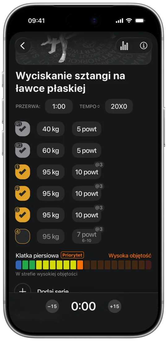 Pasek klatki piersiowej z tagiem Priorytet w strefie wysokiej objętości pod seriami wyciskania w trakcie treningu