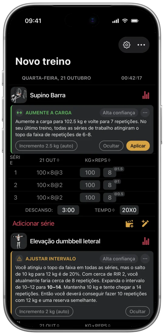 Uma sugestão de progressão no app: carga e repetições para o próximo treino